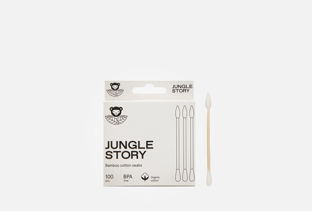 Ватные палочки JUNGLE STORY White Bamboo swabs two tip buds 100 шт ватные диски 100 шт jungle story небелёные ультра мягкие квадратные