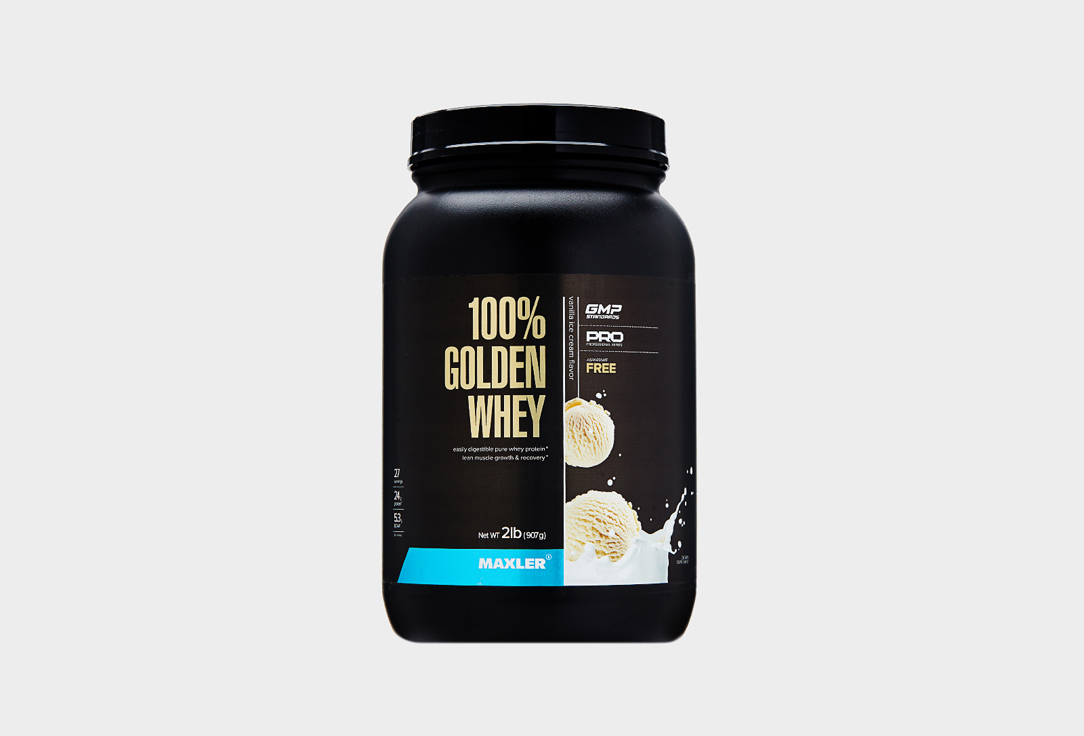 maxler 100% golden whey protein 908 гр 2 lb maxler Протеин MAXLER Golden Whey, концентрат сывороточного белка, изолят сывороточного белка, Ванильное мороженное 908 г