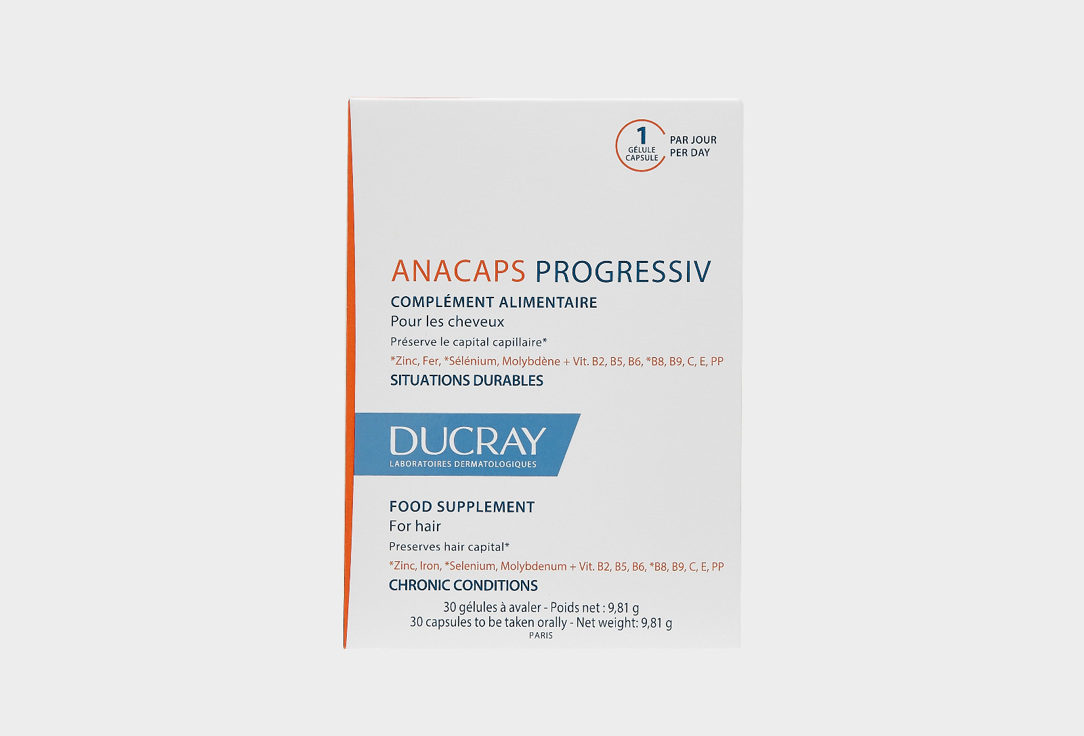 БАД для здоровья волос и ногтей DUCRAY Anacaps progressiv цинк, железо, селен 30 шт anacaps реактив ducray дюкрэ капсулы 30шт 3уп