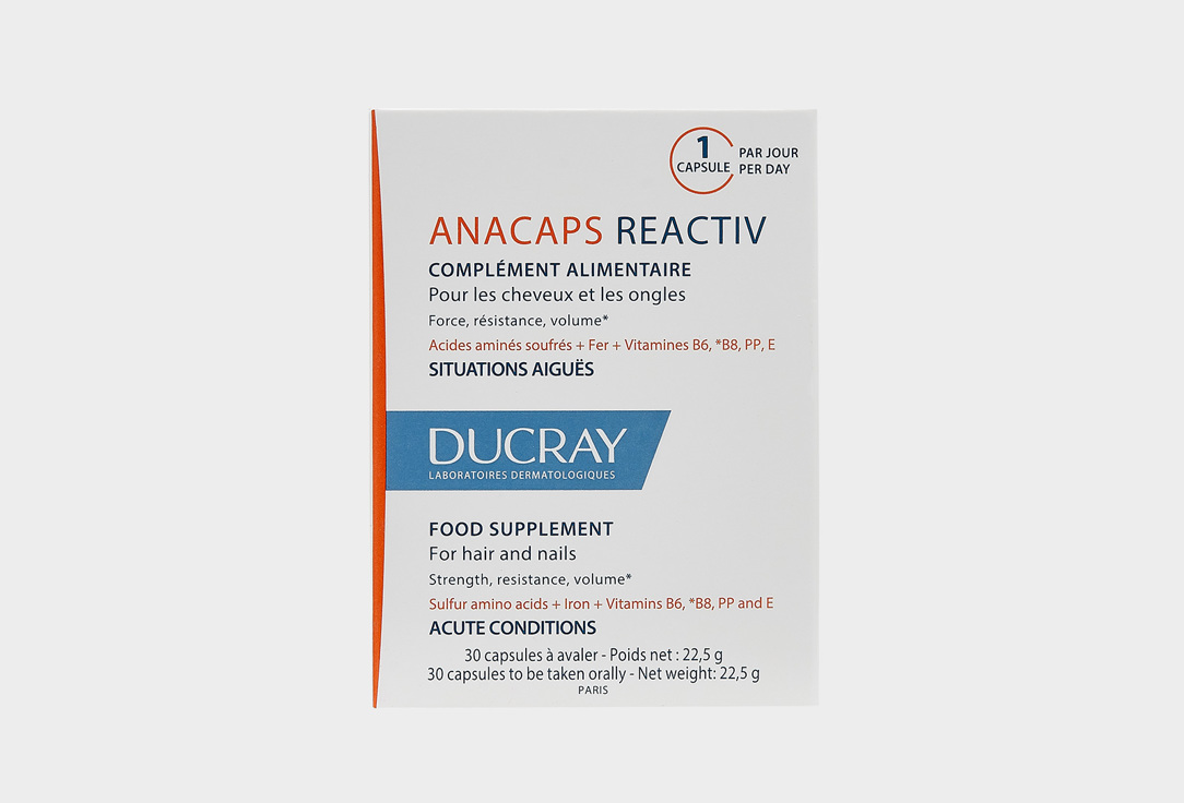 БАД для здоровья волос и ногтей DUCRAY Anacaps reactiv железо, биотин, L-цистеин 30 шт ducray anacaps reactiv биологически активная добавка к пище для волос и кожи головы 30