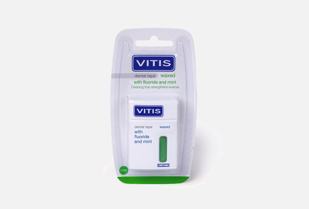 Межзубная нить, 50м  VITIS Waxed Dental Tape with Fluoride and Mint, green 