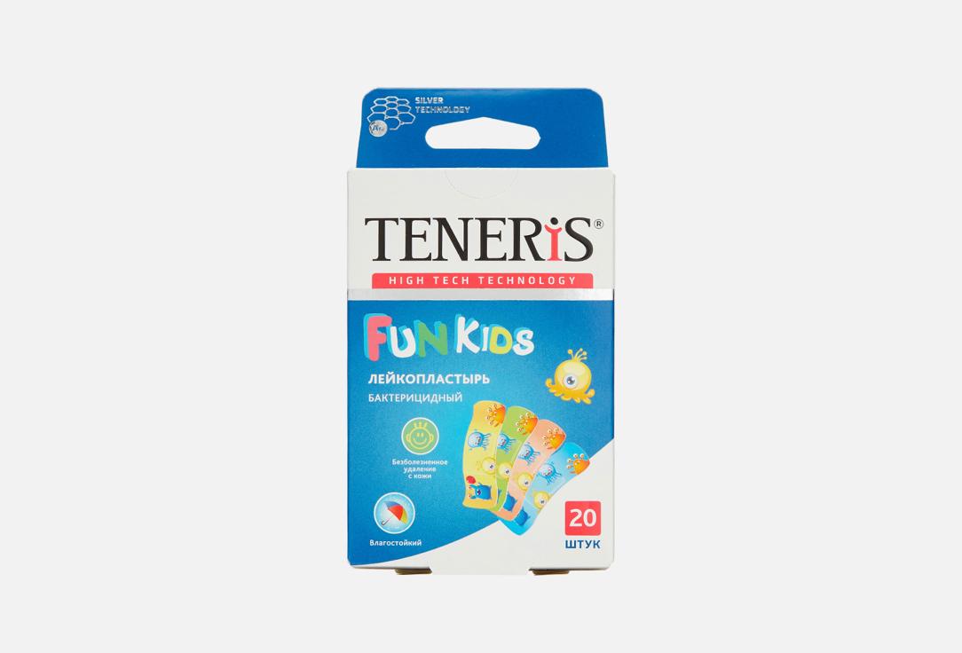 Лейкопластырь бактерицидный с ионами серебра на полимерной основе с рисунками TENERIS FUN KIDS 20 шт teneris elastic лейкопластырь бактерицидный с ионами серебра на тканевой основе 20 шт