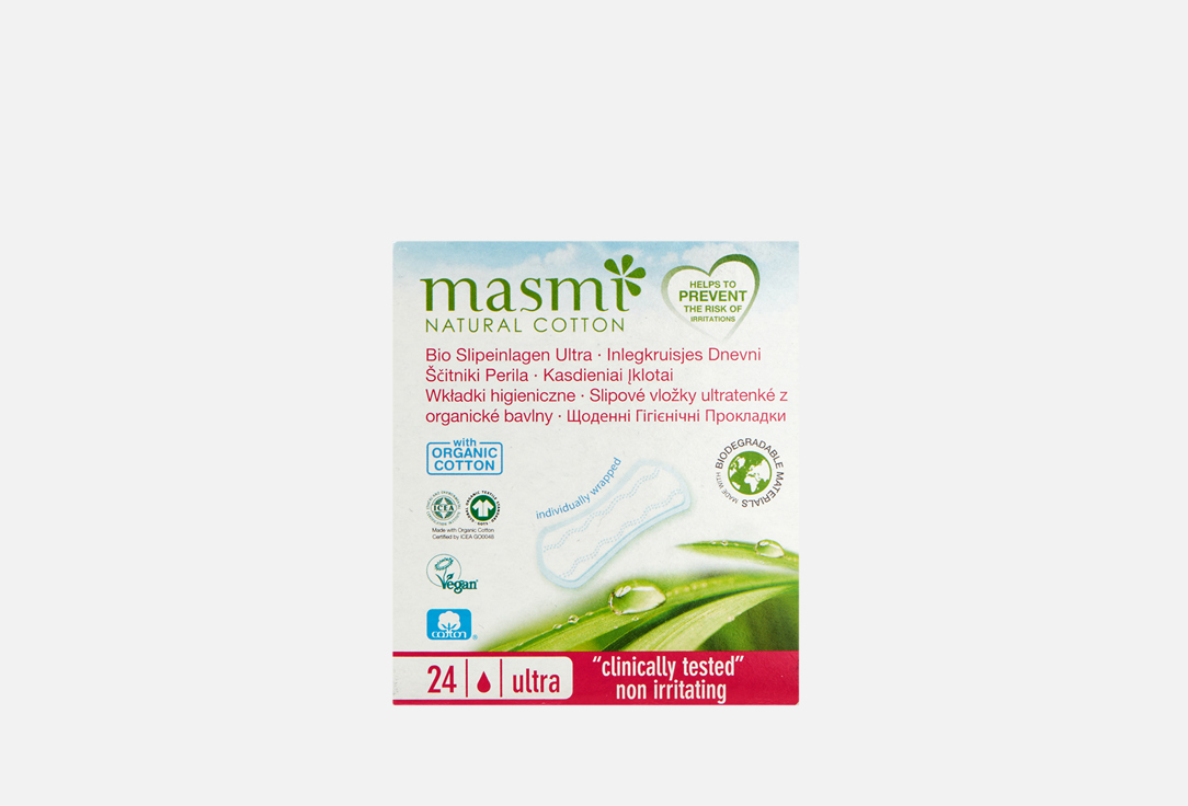 Ежедневные ультратонкие гигиенические прокладки из органического хлопка MASMI NATURAL COTTON в индивидуальной упаковке 24 шт
