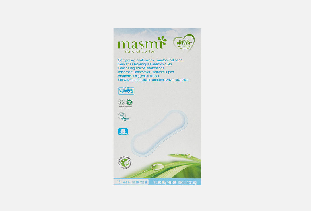 masmi natural cotton ежедневные гигиенические прокладки мультиформ из органического хлопка 30шт Классические анатомические гигиенические прокладки из органического хлопка MASMI NATURAL COTTON 16 шт