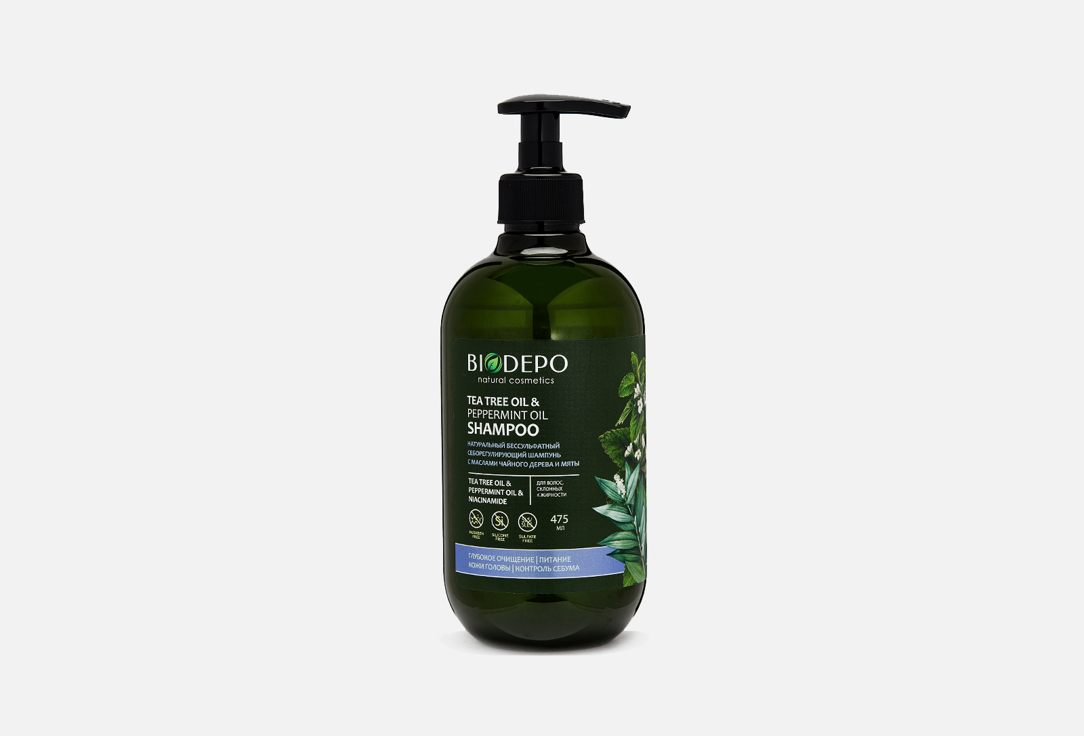 Шампунь для волос натуральный BIODEPO Tea tree oil & peppermint oil 475 мл бальзам для волос biodepo питательный с эфирными маслами чайного дерева и мяты 475мл х3шт