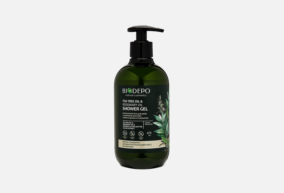 Натуральный Гель для душа BIODEPO Tea tree oil & rosemary oil 475 мл бальзам для волос питательный с эфирными маслами чайного дерева и мяты 475мл
