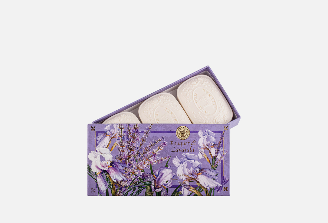 цена Набор натурального парфюмированного мыла GOURMANDISE Savon Parfume Bouquet di Lavanda Set 3 шт