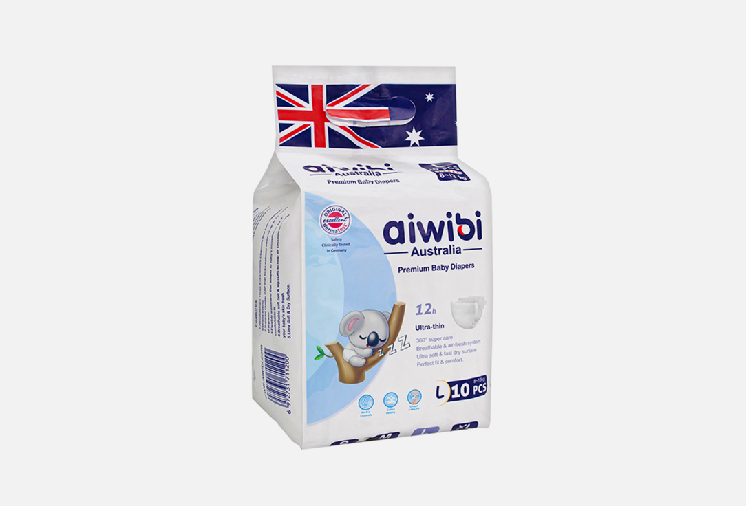 Подгузники 9-14 кг AIWIBI AUSTRALIA Premium L 10 шт подгузники детские elibell active l 9–14кг 40 шт