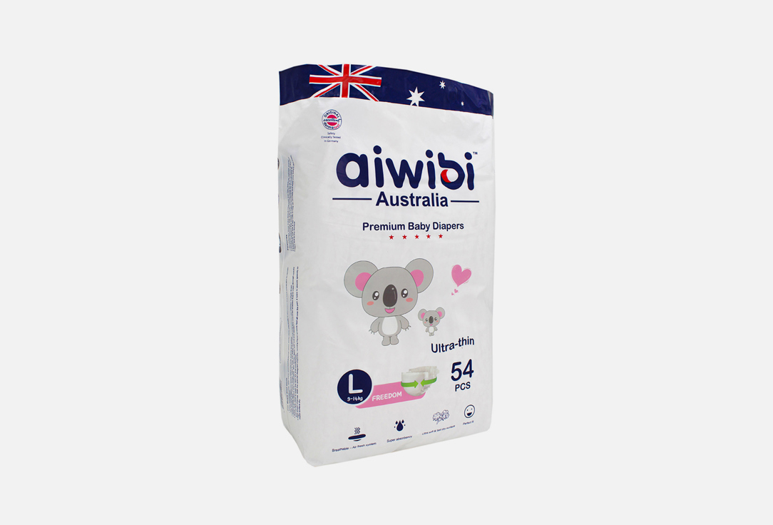 Подгузники 9-14 кг AIWIBI AUSTRALIA Premium L 54 шт подгузники aiwibi australia s 4 8kg 52 шт