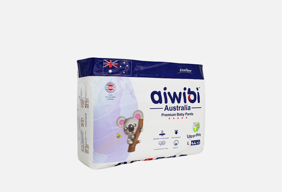 Трусики-подгузники 9-14кг AIWIBI AUSTRALIA Premium L 44 шт подгузники детские elibell active l 9–14кг 40 шт
