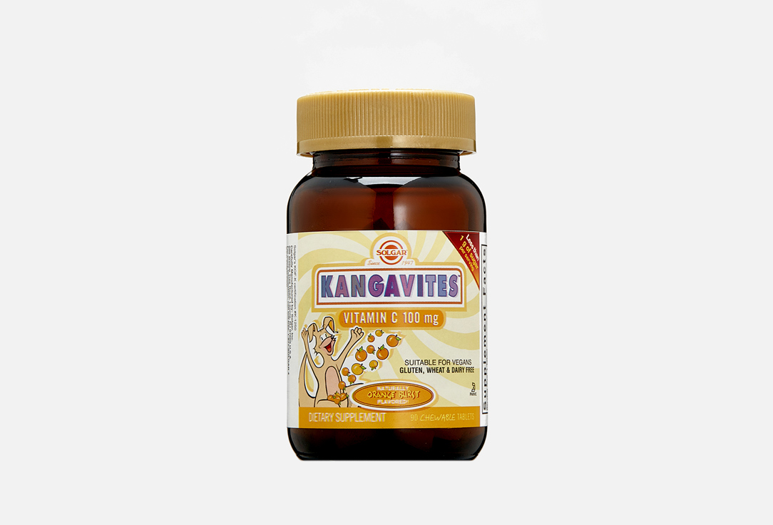 Витамин С для детей SOLGAR Kangavites® Vitamin c 100 mg со вкусом апельсина 90 шт солгар кангавитес мультивитамины минералы тропические фрукты таб жев 100мг 60