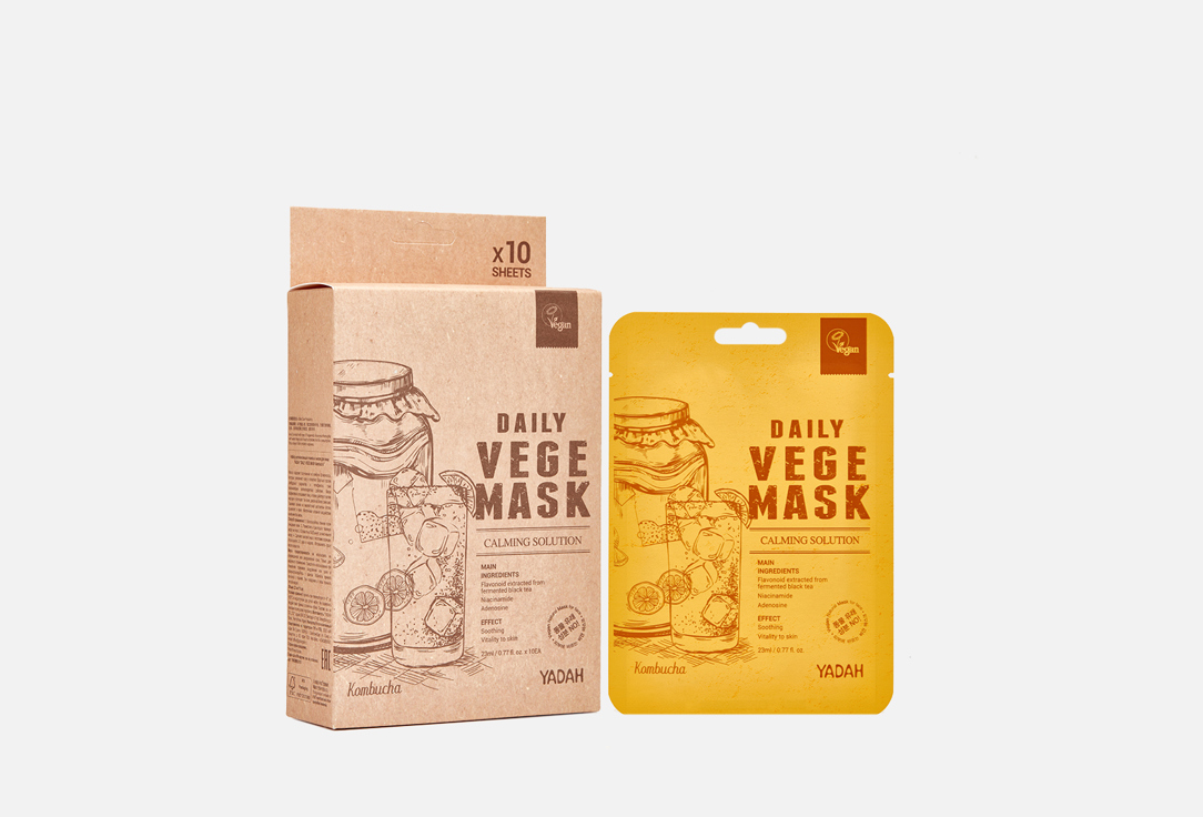 Набор успокаивающих тканевых масок для лица YADAH DAILY VEGE MASK Kombucha 10 шт набор масок для лица farmstay с экстрактом оливы 10 шт 1 шт