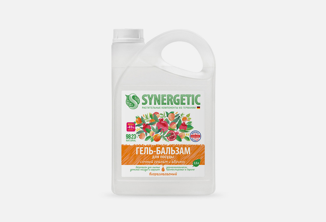 гель-бальзам для мытья посуды и детских игрушек SYNERGETIC Сочный гранат и абрикос 3.5 л гель для мытья посуды synergetic сочный лимон антибактериальный дой пак 750мл