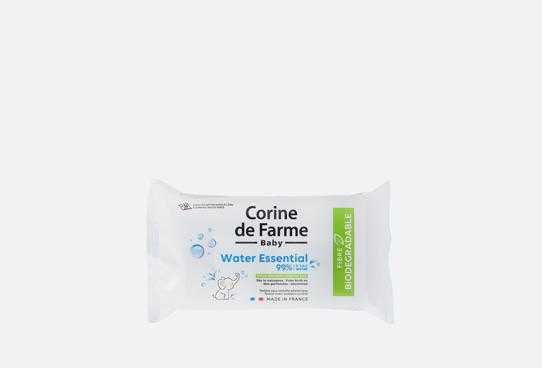 Влажные непарфюмированные Салфетки для Детей с рождения CORINE DE FARME Baby Cleansing Water Wipes Water Essential 56 шт