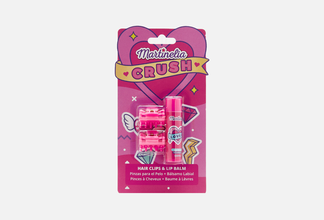 цена Набор детской декоративной косметики из трех позиций MARTINELIA Crush Hair Clips & Lip Balm Strawberry 3 шт