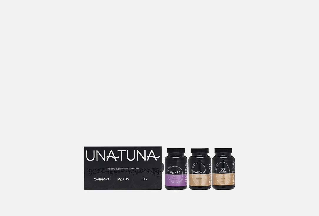Набор биологически активных добавок Unatuna Vitamin D3 2000 IU, Omega-3 60%, Magnesium B6  