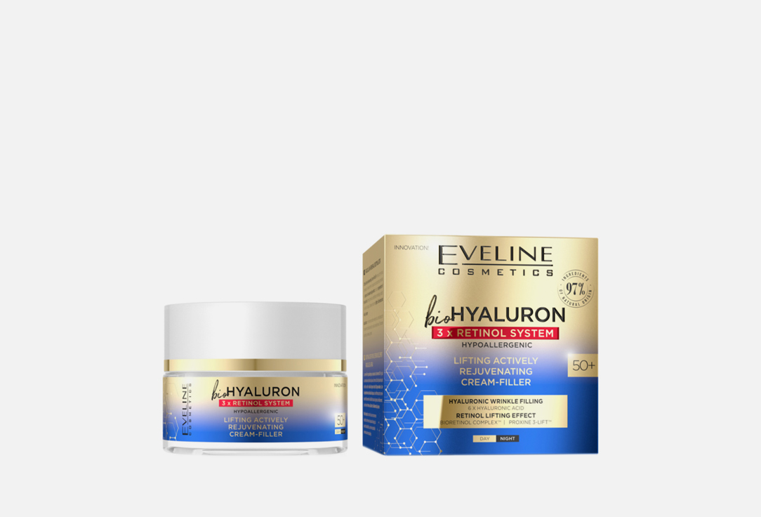 Омолаживающий крем-филлер для лица EVELINE Retinol Sistem 50+ 50 мл eveline cosmetics biohyaluron дневной и ночной крем для лица 50 50 мл