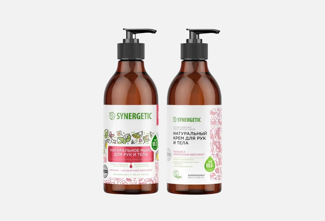 Изображение товара Набор: мыло + крем для рук и тела Synergetic Пачули и ароматный бергамот