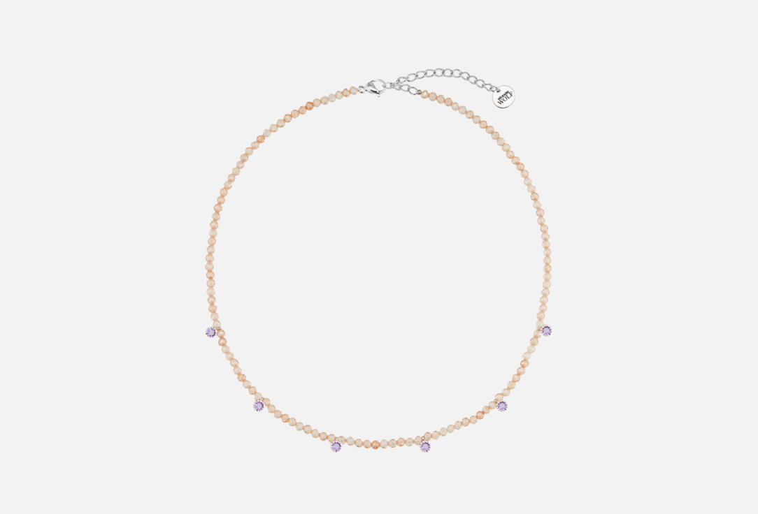 Изображение товара Элегантное колье из циркона с подвесками бежевого и фиолетового цвета 38+5 см