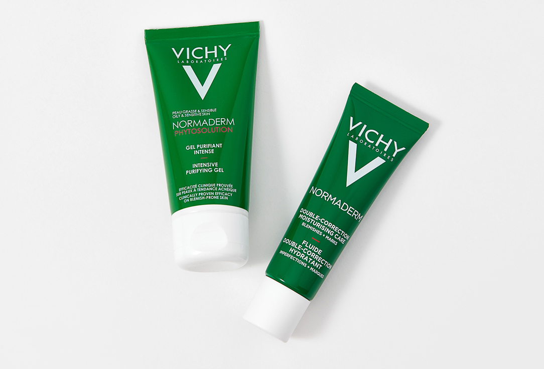 VICHY Набор: сыворотка, уход, гель для умывания, крем SPF 50 Normaderm