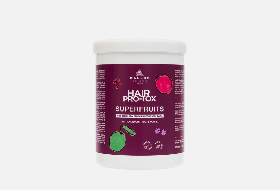 Маска для волос KALLOS COSMETICS PRO-TOX SUPERFRUIT 1000 мл шампунь для волос kallos cosmetics суперфрукты шампунь для волос с антиоксидантами без силиконов