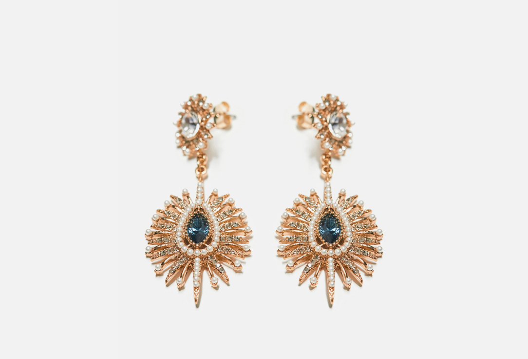 Изображение товара Серьги Free Form Jewelry золотистые капля с лучами с синим кристаллом