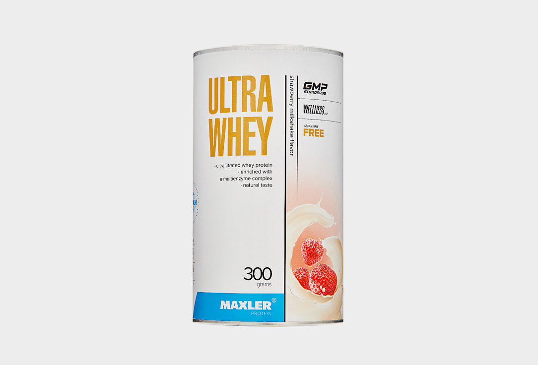 Протеин MAXLER Ultra Whey, концентрат сывороточного протеина, изолят сывороточного протеина, Клубничный молочный коктейль 300 г