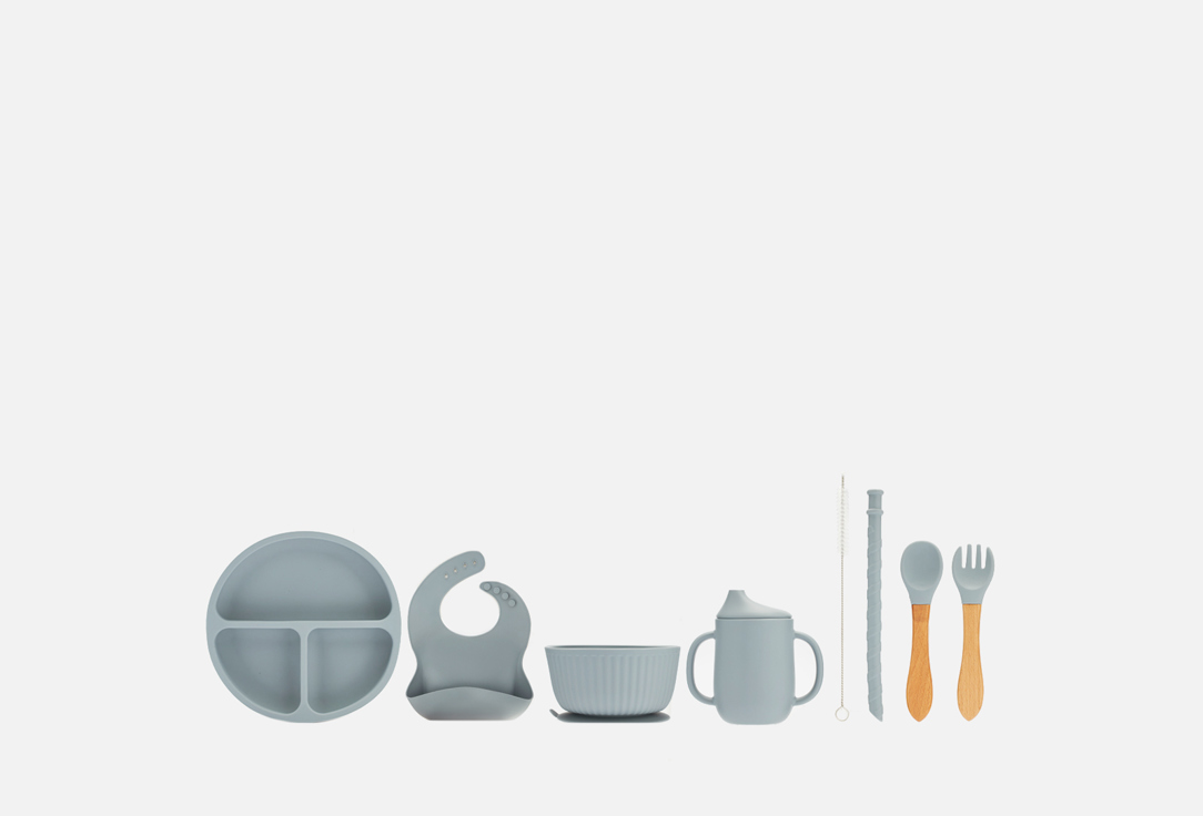 Набор посуды для кормления Play Kid 8 предметов серо-голубой