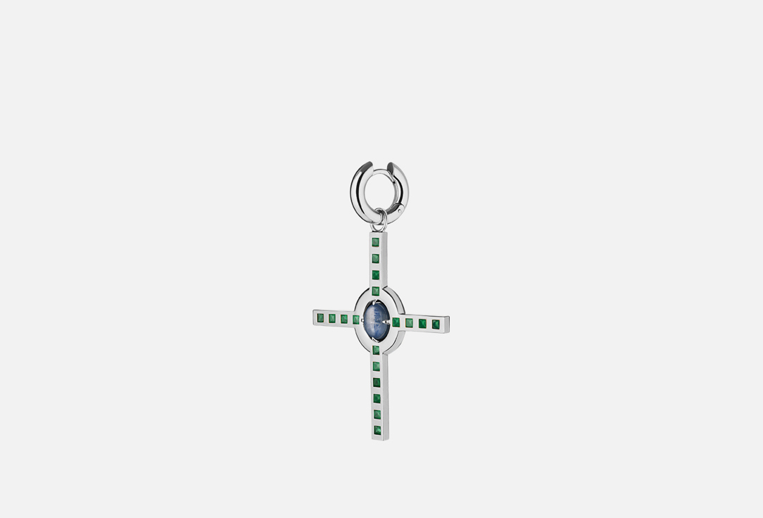 Моно-Серьга серебряная Moonka крест с кианитом и зелеными агатами 