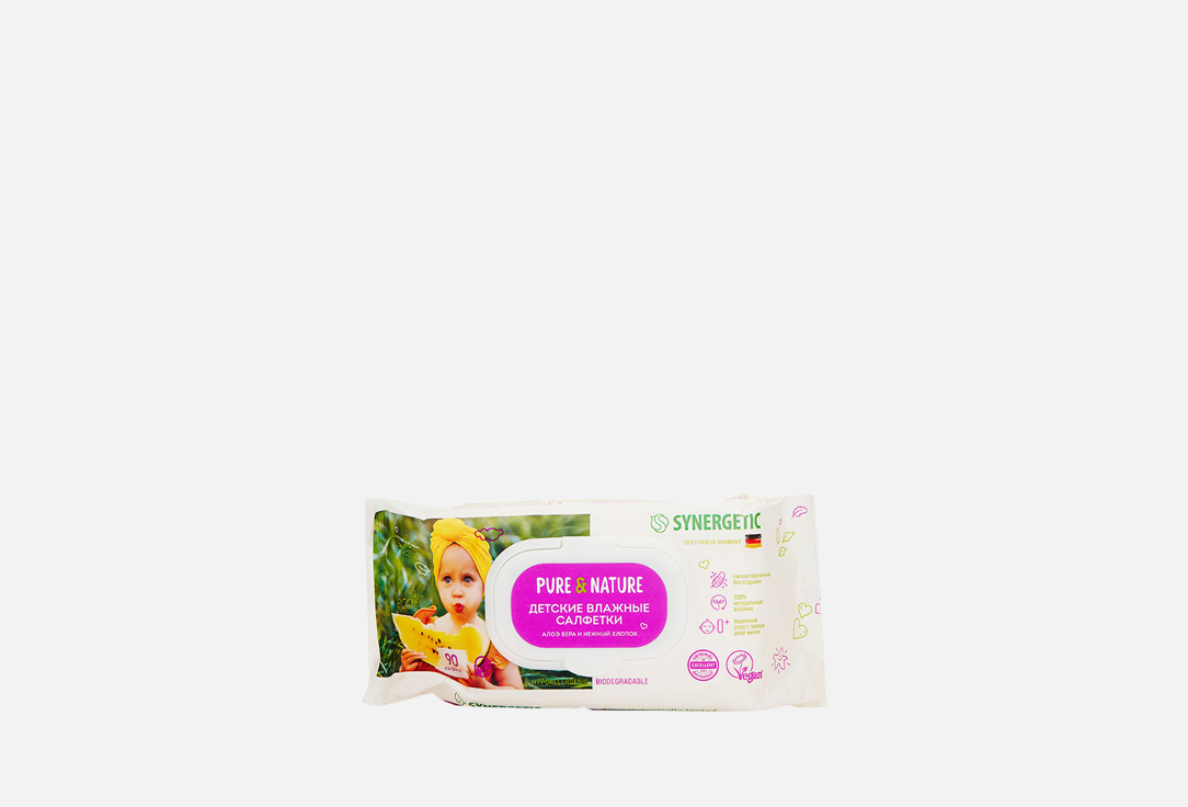 

детские влажные салфетки SYNERGETIC, Алоэ вера и нежный хлопок 90 шт