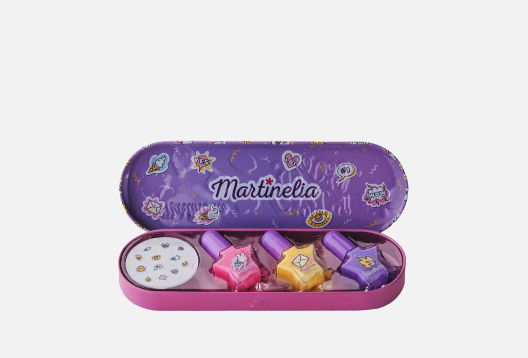 набор косметики martinelia кейс flower мечты единорога Набор для ногтей MARTINELIA Super Girl Nail Polish & Stickers Tin Box 4 шт