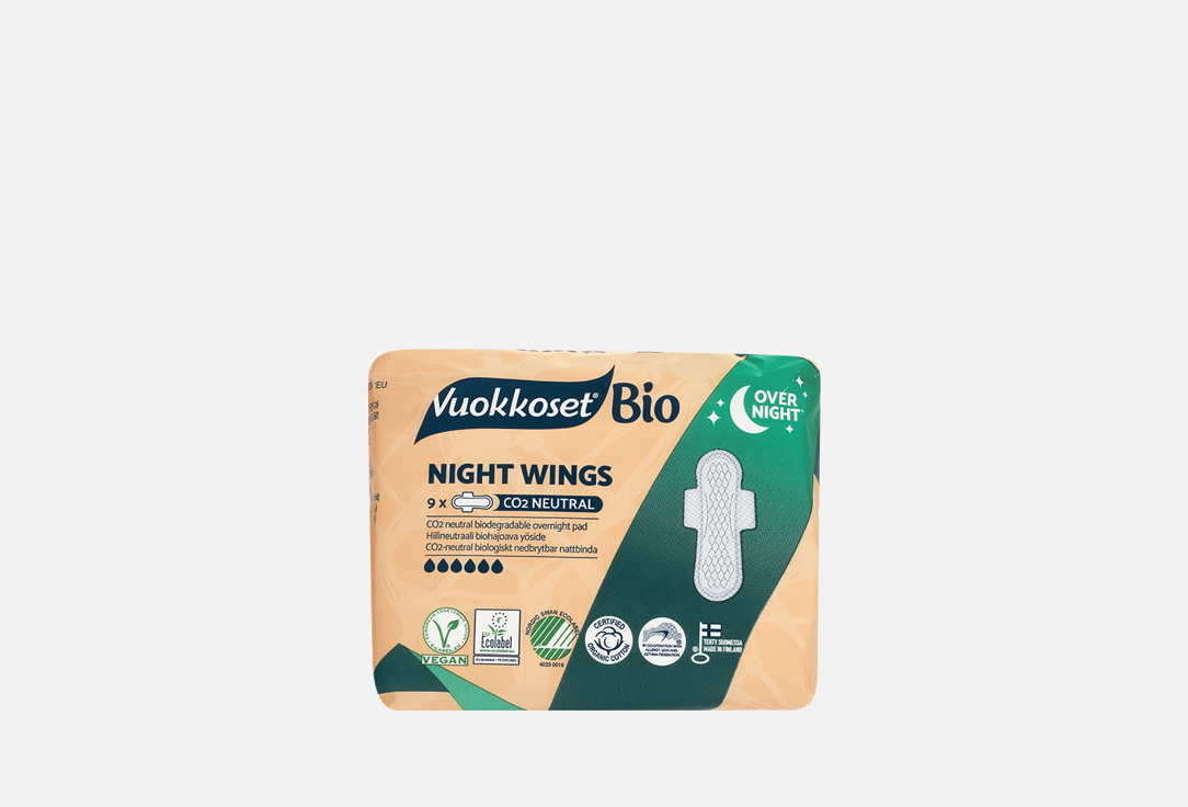 Прокладки ночные с крылышками Vuokkoset Bio 
