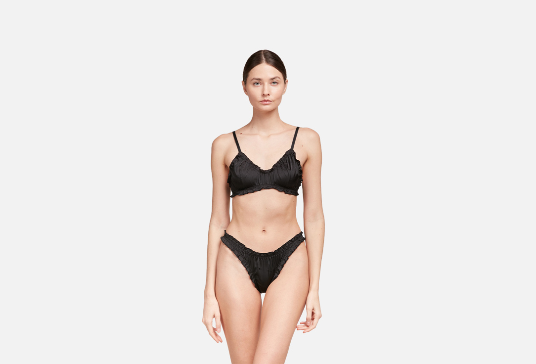 Изображение товара Трусики бразильяно с рюшами из атласа черные средняя посадка