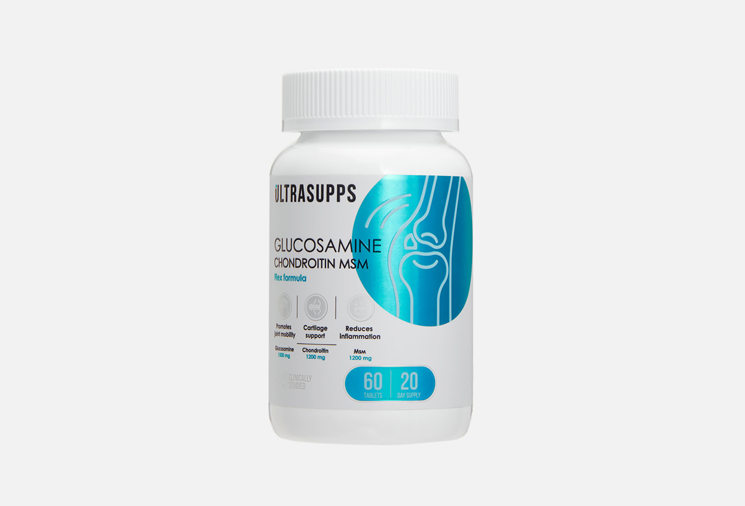 БАД для поддержки опорно-двигательного аппарата ULTRASUPPS Сульфат глюкозамина 1500 мг, Сульфат хондроитина 1200 мг в таблетках 60 шт