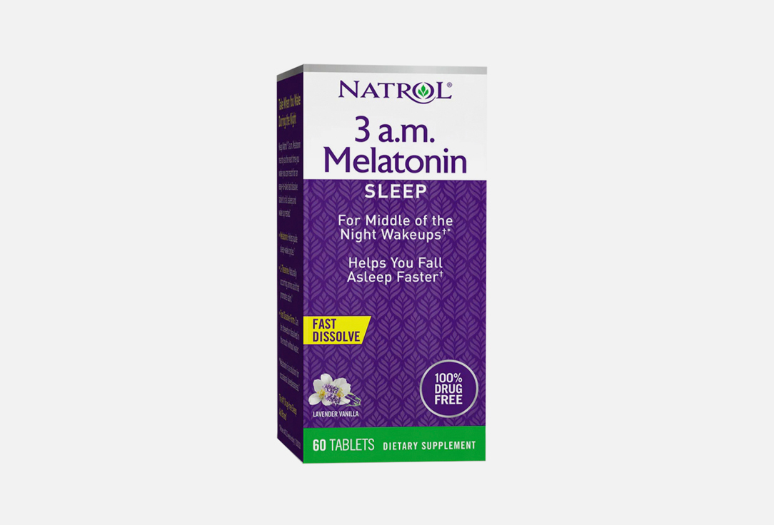 БАД для здорового сна NATROL Мелатонин 3 мг, L-теанин 50 мг в быстрорастворимых таблетках со вкусом лаванды, ванили 