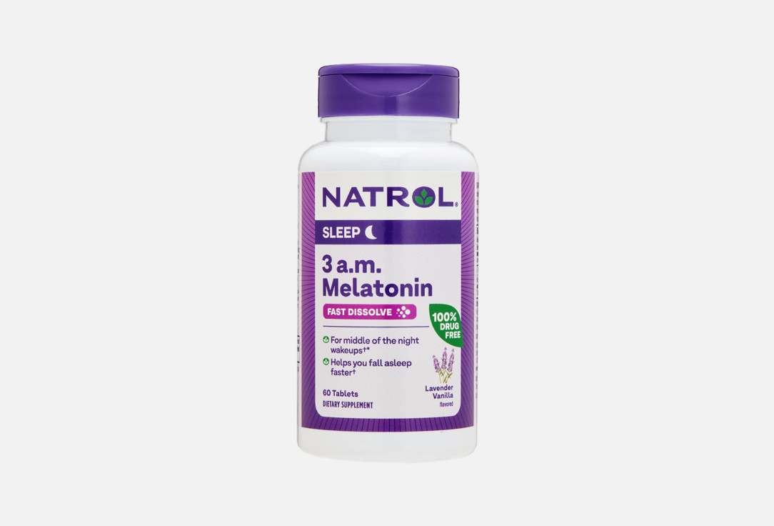 БАД для здорового сна NATROL Мелатонин 3 мг, L-теанин 50 мг в быстрорастворимых таблетках со вкусом лаванды, ванили 60 шт