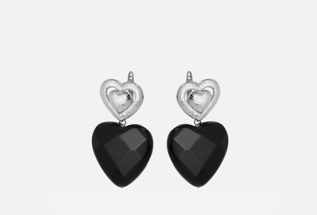 Серьги JEWELLERY BAR Earrings with a black agate heart pendant rhodium 2 шт