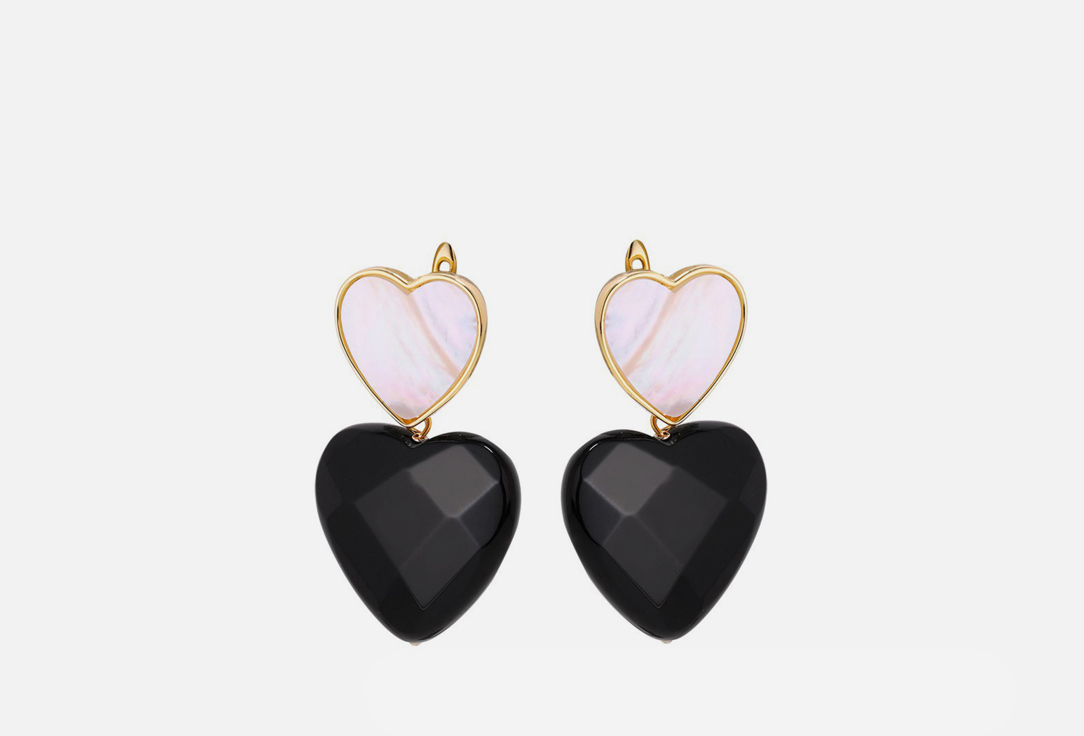 Серьги JEWELLERY BAR Earrings with a mother-of-pearl heart symbol and a black agate heart pendant gold 2 шт