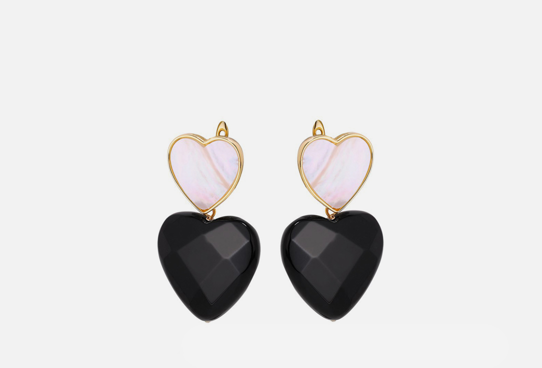 

Серьги JEWELLERY BAR, Earrings with a mother-of-pearl heart symbol and a black agate heart pendant gold 2 шт
