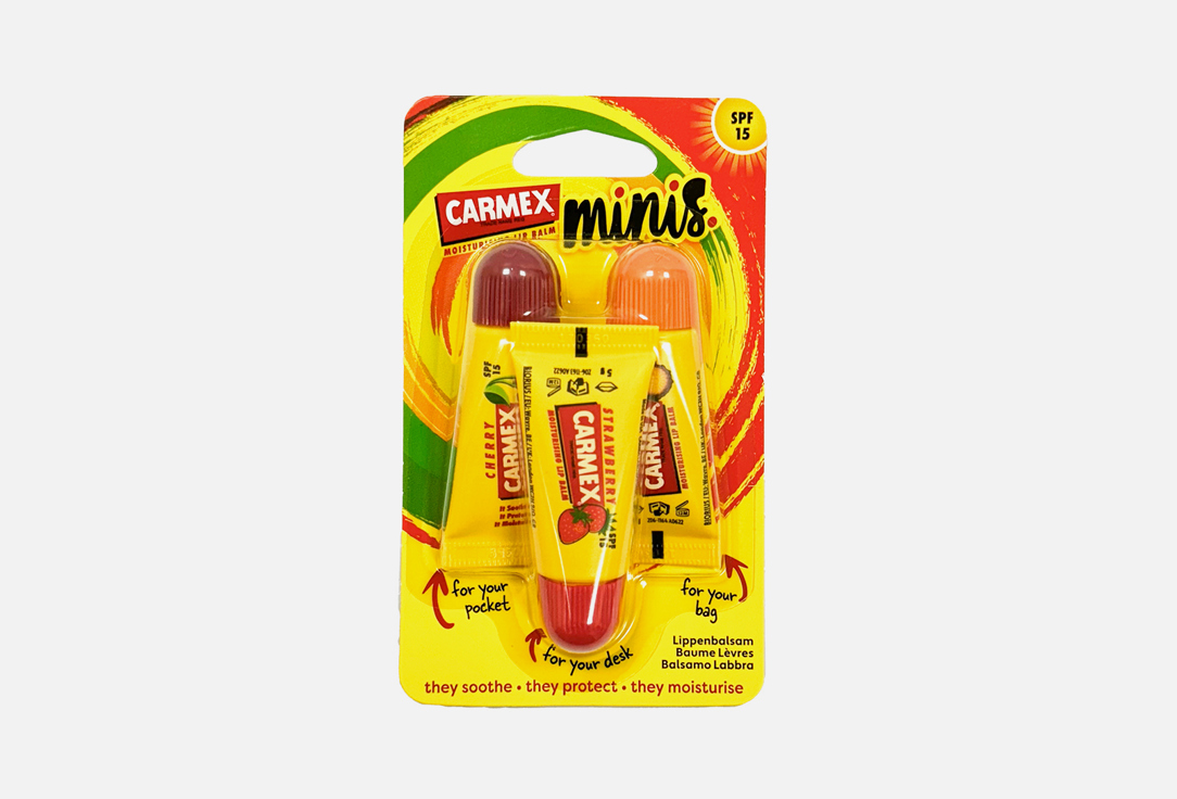 Набор мини-бальзамов для губ SPF15 CARMEX Strawberry, Cherry, Pineapple Mint 3 шт набор бальзамов для губ carmex plum