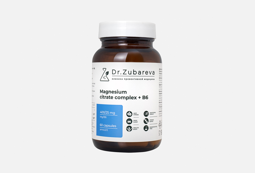 БАД для поддержки опорно-двигательного аппарата DR.ZUBAREVA Магний цитрат 400 мг, витамин B6 25 мг в капсулах 60 шт