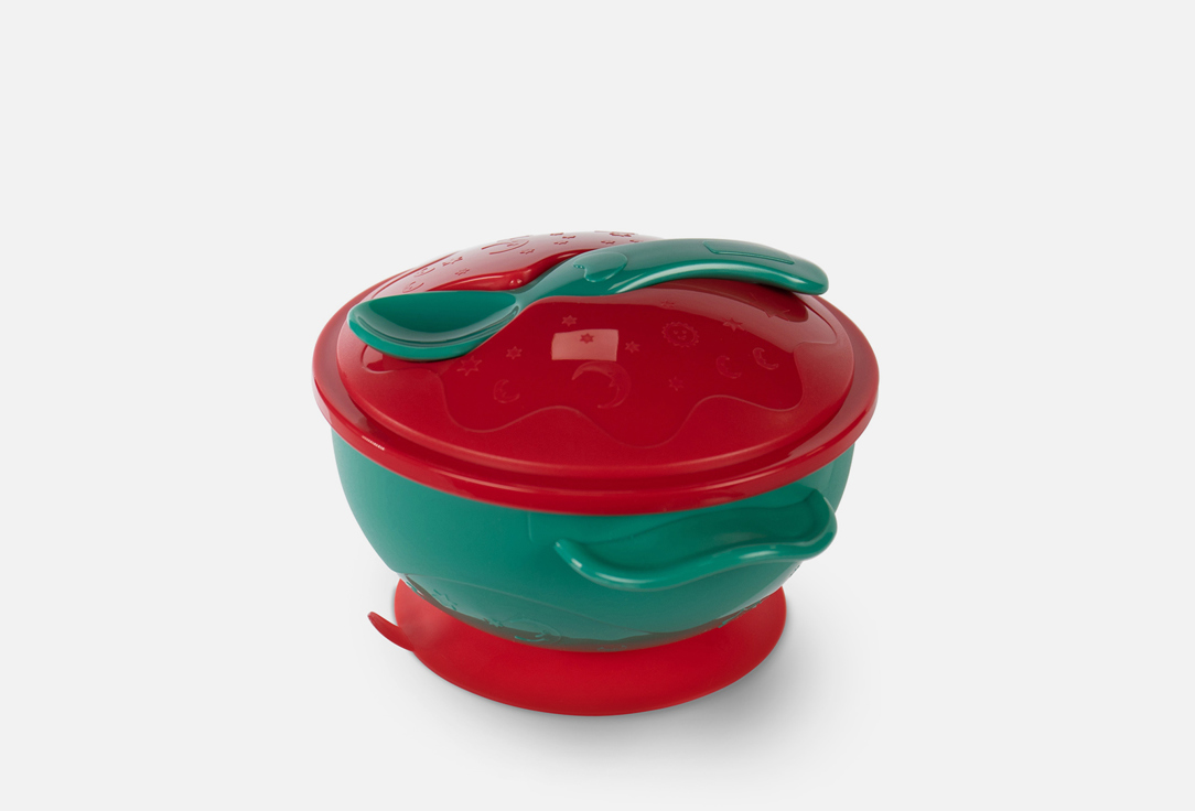 Тарелка с крышкой и ложкой BABOO Красный, Зеленый  