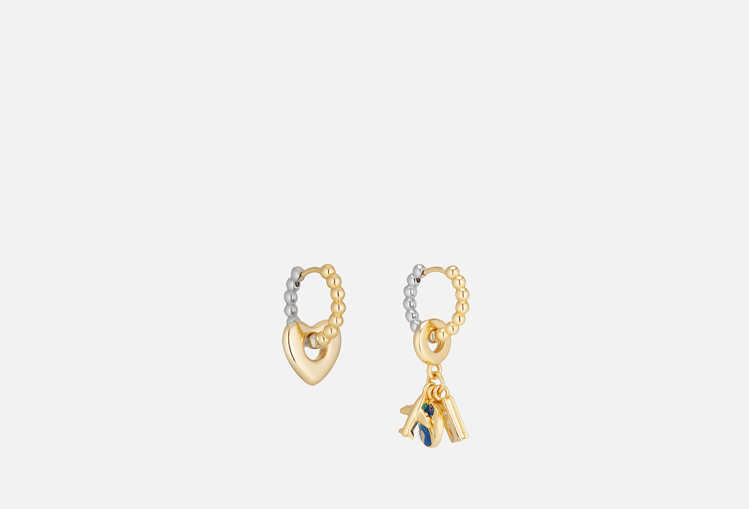 Изображение товара Серьги-кольца с подвесками сердце и микс из латунью и фианитом