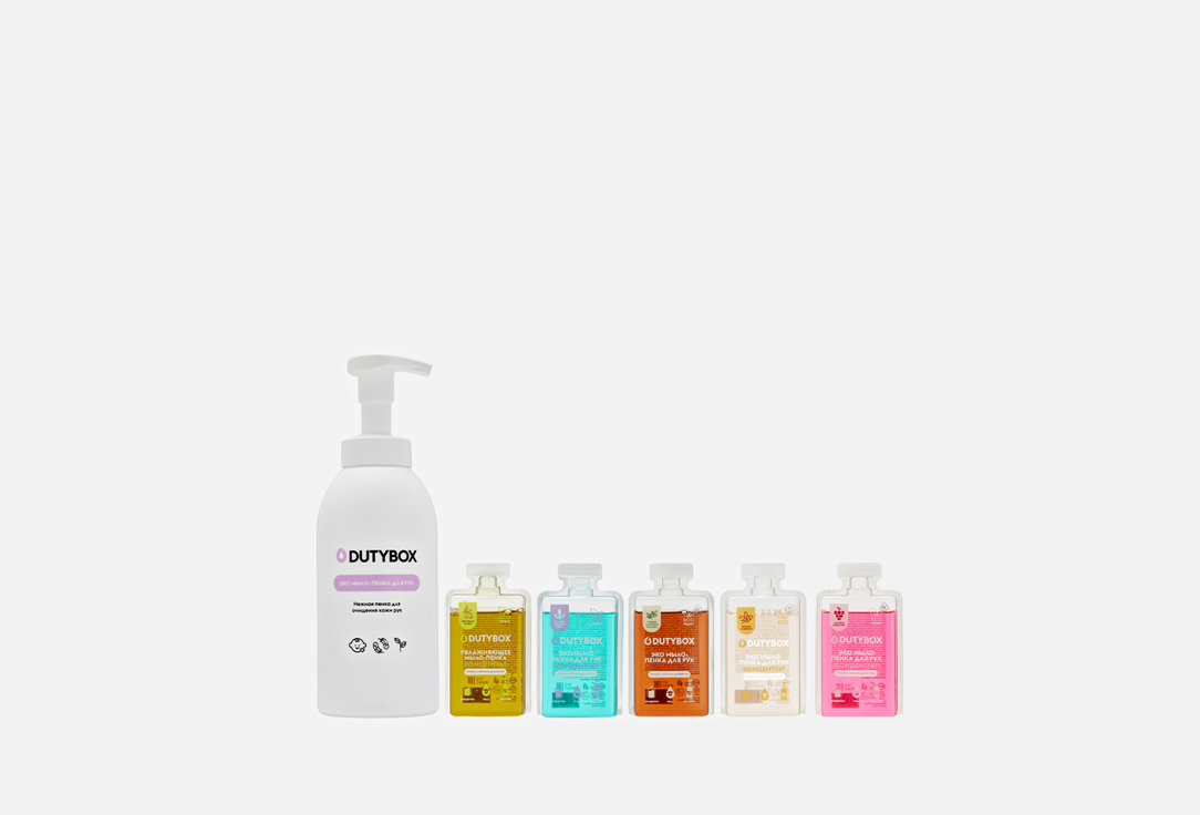 Изображение товара Набор 5 мыло-пенок и дозатор DUTYBOX Различные вкусы
