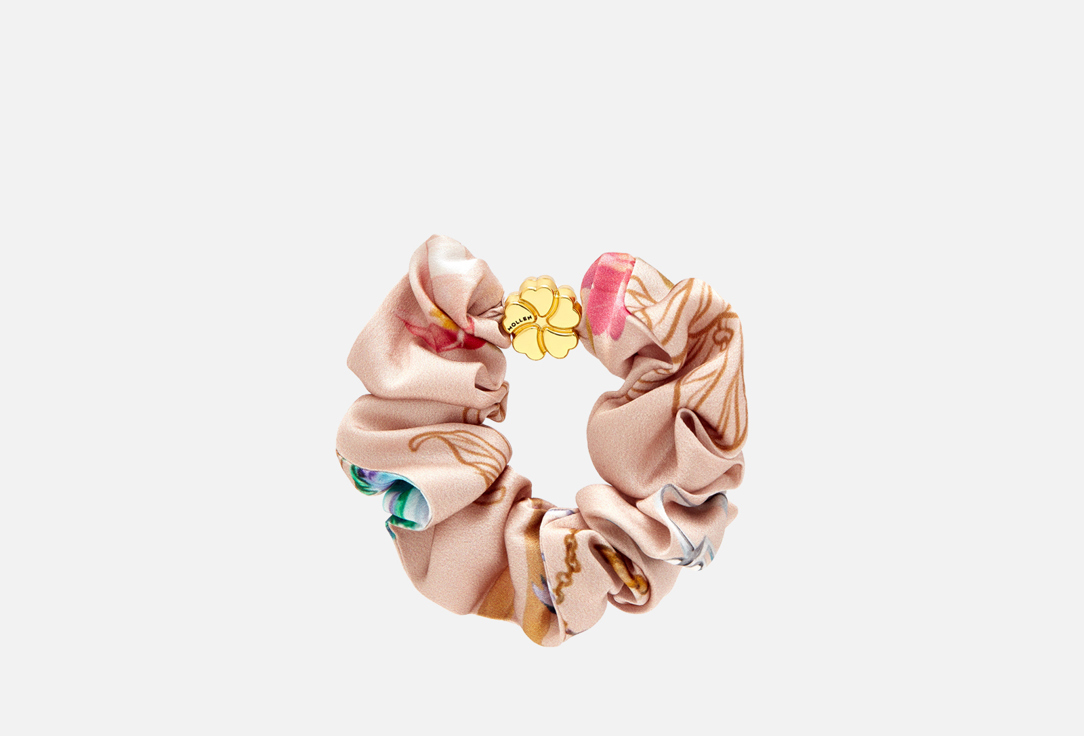 Изображение товара Шелковая резинка для волос Забава из натурального шелка с принтом и металлическим цветком