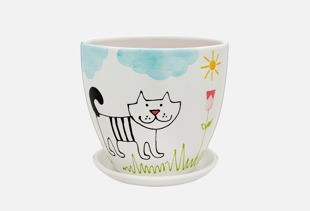 Изображение товара Керамический горшок Вещицы Кот для цветов с подставкой