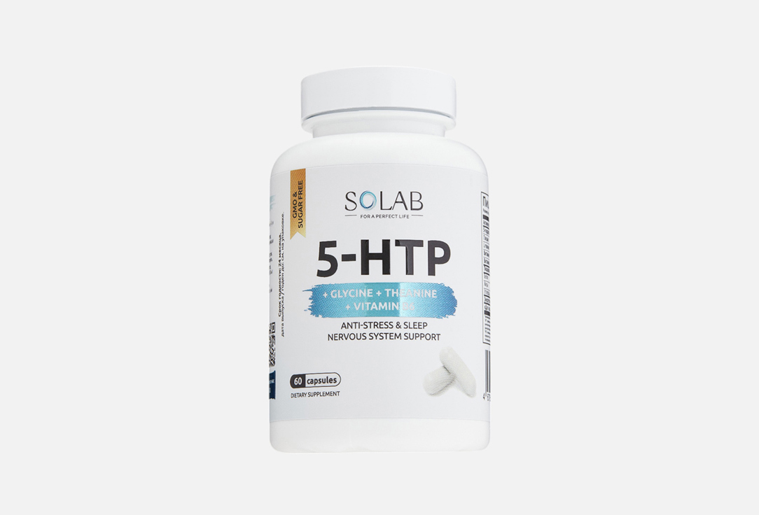 Изображение товара БАД для снижения стресса и здорового сна SOLAB 5HTP 100 мг, глицин 100 мг, L-теанин 80 мг в капсулах