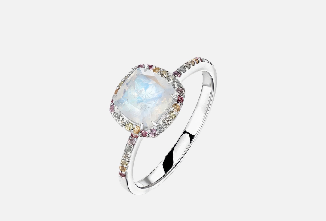 Изображение товара Серебряное кольцо с лунным камнем и радужными вставками, размер по запросу