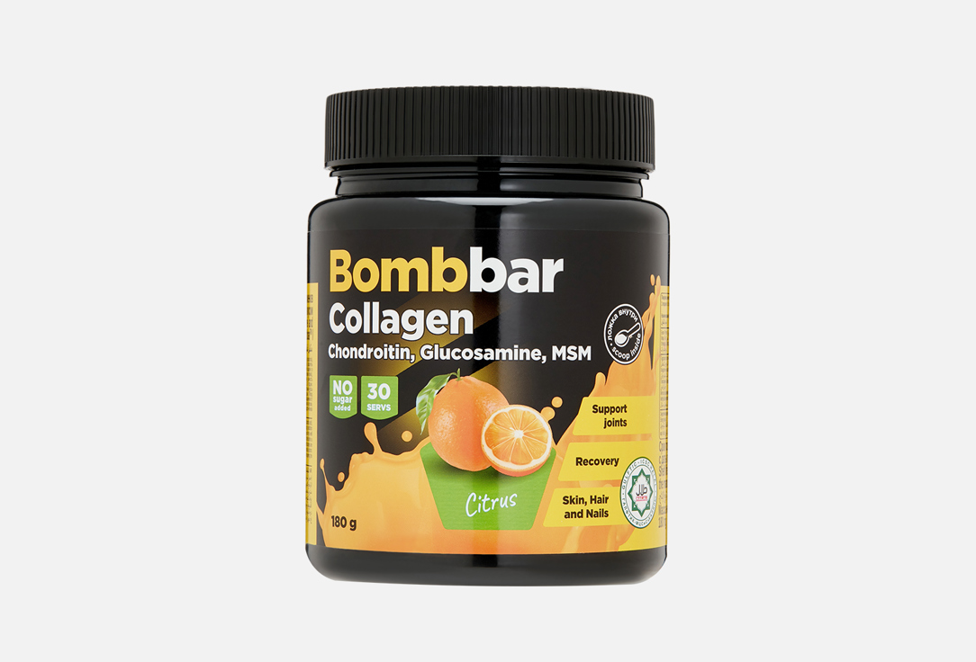 

Коллаген с гиалуроновой кислотой и витаминами BOMBBAR, Коллаген, Хондроитин, Глюкозамин, МСМ со вкусом цитруса 180 г