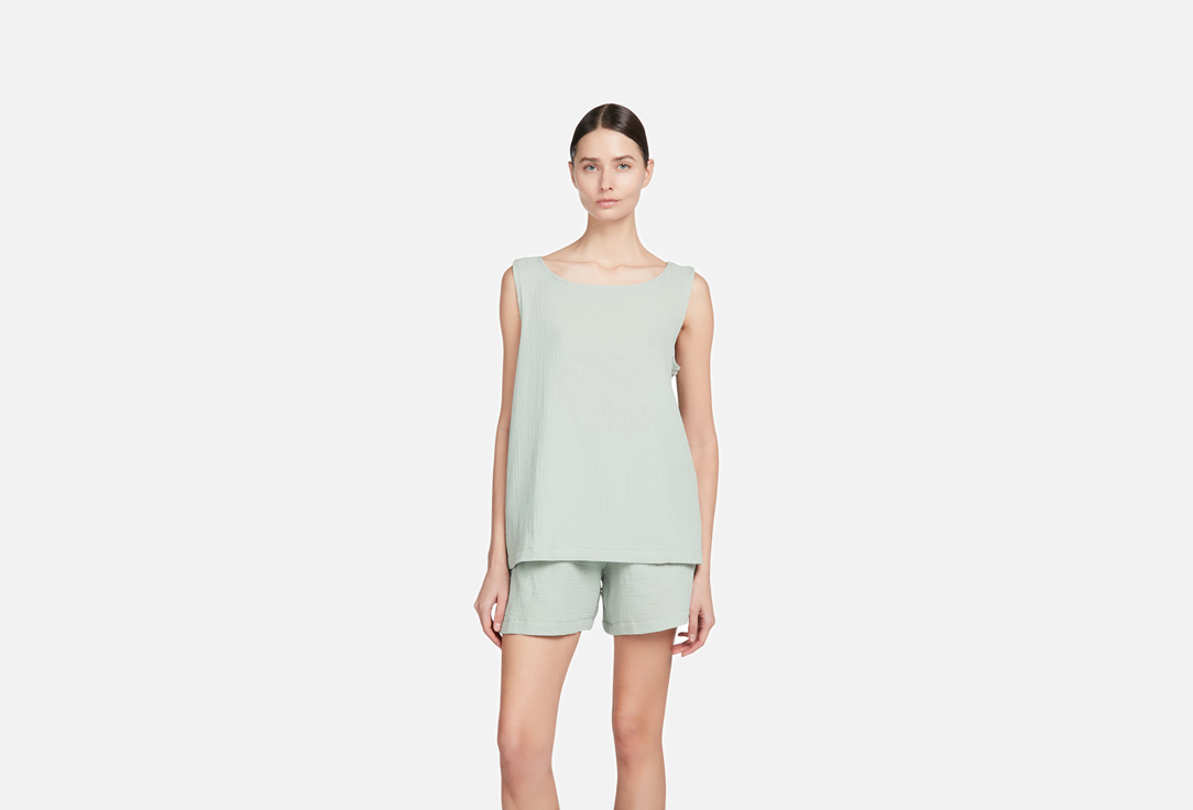 Изображение товара Женские домашние шорты MY фисташка из хлопка с карманами и высоким поясом